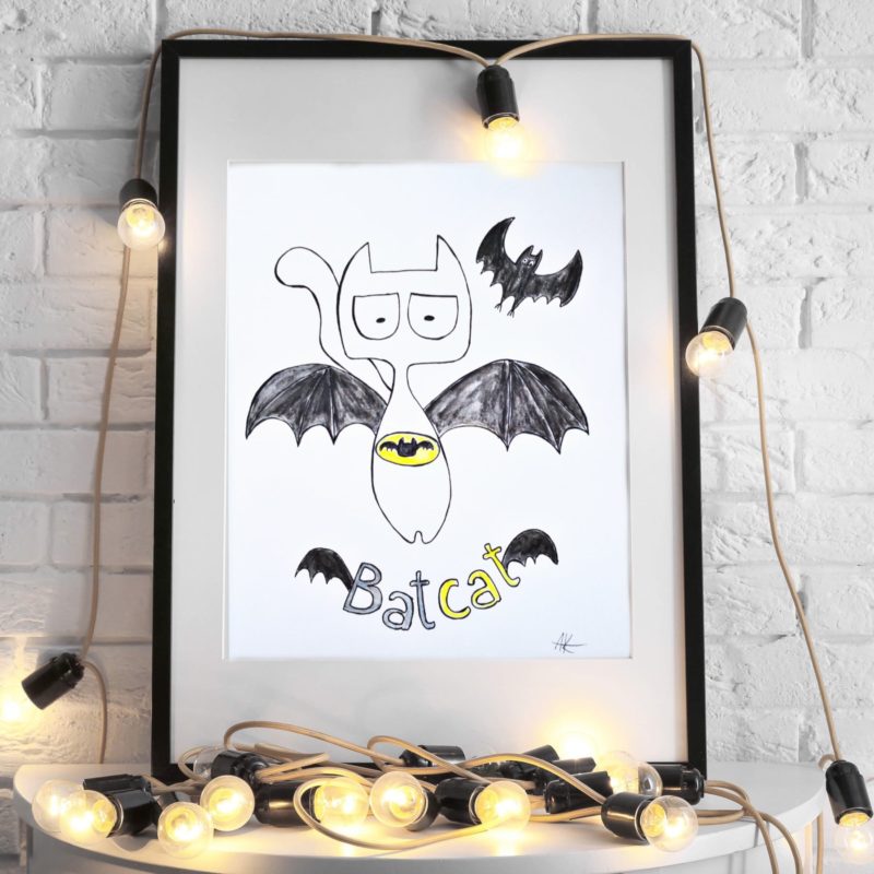 Batcat with flaying bat, superhero and his friends