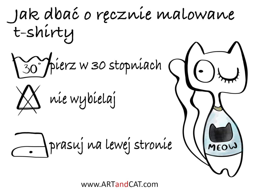 infografika jak dbać o ręcznie malowany t-shirt kot w koszulce śmieszny rysunek
