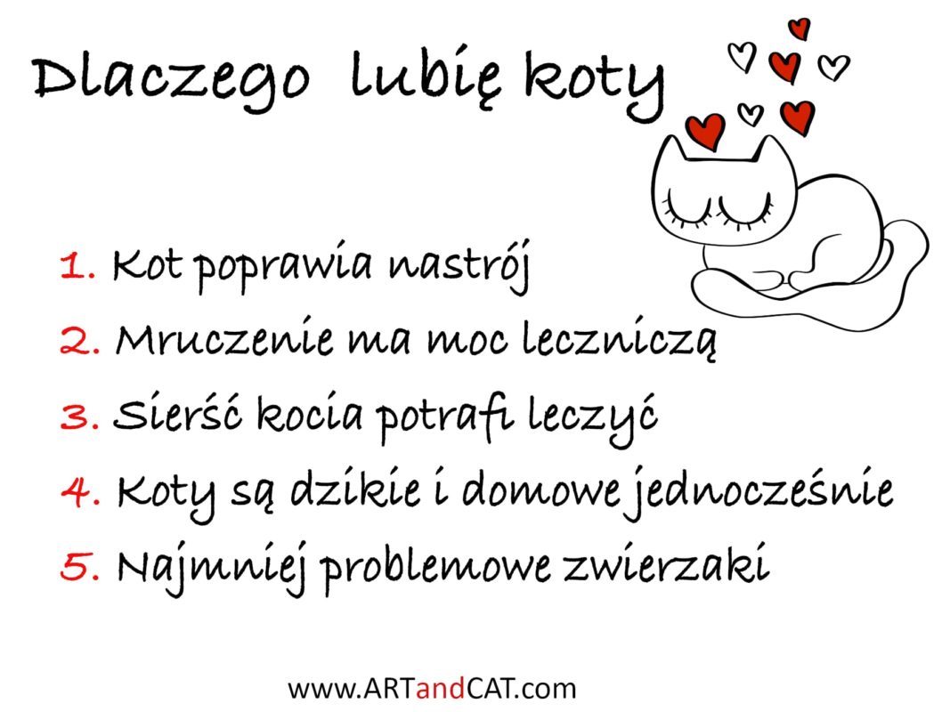 infografika rysunek kot z sercami czerwonymi, dlaczego lubię koty