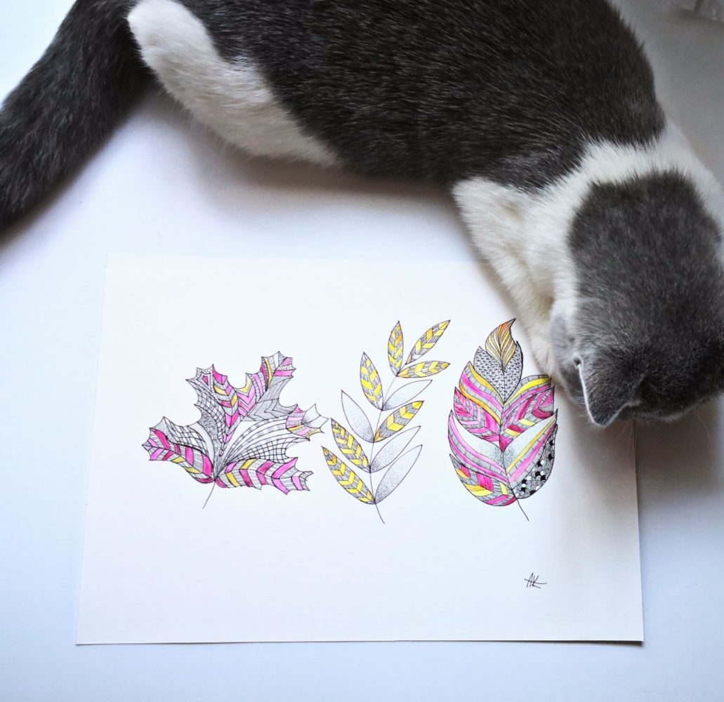 Handmade Graphic Three Leaves In Colors Of Fall Graphic Pattern