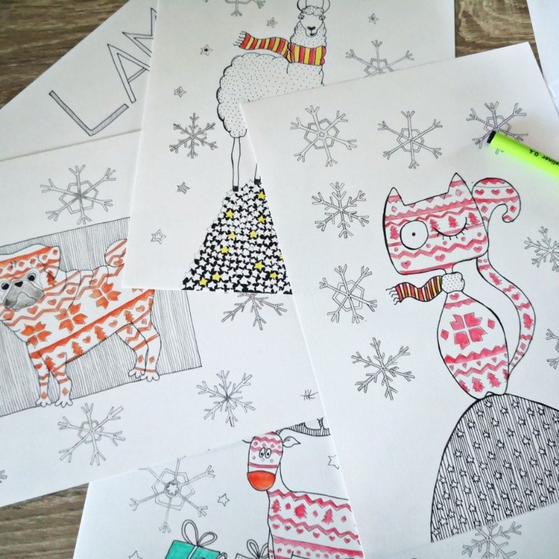 christmas handmade drawing cat pug dog and reindeer in norwegian motive